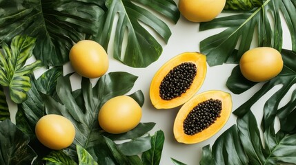 Fresh Tropical Fruits on Green Leaves Background with Sliced Papaya and Whole Mangoes in Natural Setting
