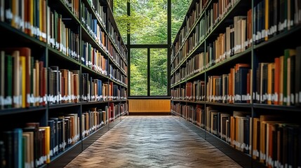 A library hallway lined with bookshelves leads to a window showing a forest