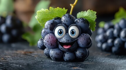 Playful Cartoon Grape Character with Smile Surrounded by Fresh Grapes and Leaves on Dark Background