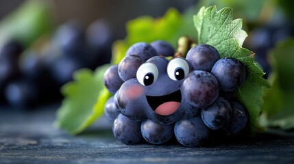 Playful Cartoon Grape Character Surrounded by Leaves on a Colorful Background Ideal for Fun Illustrations