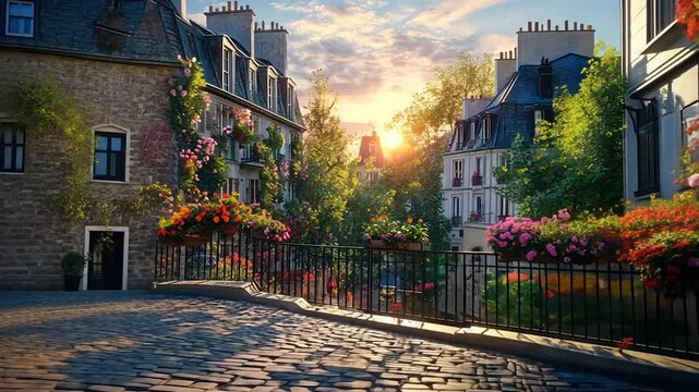 Parisian street scene filled with vibrant flowers and sunlight.
