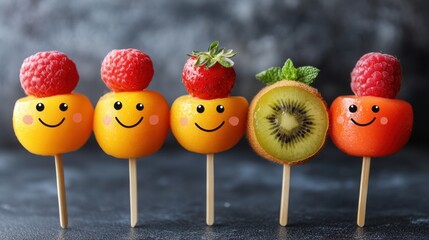Colorful Fruit Skewers with Happy Faces and Smiling Expressions for Fun Treats or Party Decorations