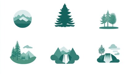 Nature icons mountains, trees, waterfalls. Website design elements