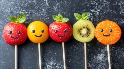 Colorful Fruity Faces on Sticks with Mint Leaves, Fun and Cheerful Fruit Display for Events and Parties