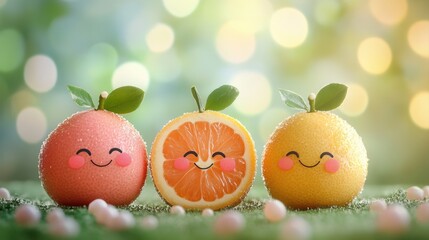 Playful Fruit Characters with Smiling Faces in a Bright and Cheerful Setting for Fun and Whimsical Designs