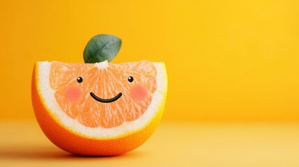 Cheerful Orange Slice with Face and Leaf on Bright Yellow Background