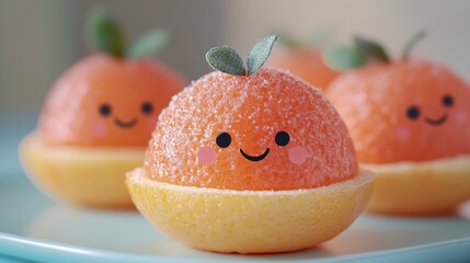 Cute and Playful Dessert with Smiling Faces and Orange Fruit Design on a Light Blue Plate