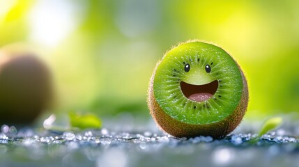 Delightful kiwi fruit with a smiling face showcasing freshness and joy in a vibrant green natural setting