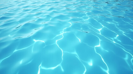 Fototapeta premium Photorealistic clear blue water surface with gentle ripples and bright sunlight caustic patterns. Top-down view.