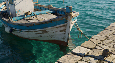 Obraz premium Traditional Fishing Boat Stone Dock Clear Water Peeling Paint Mediterranean Coastal Copy Space