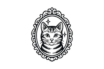 Tabby cat portrait in ornate frame with stars, vintage engraving style