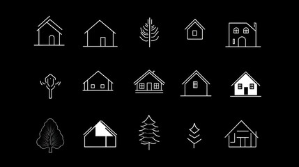 Fototapeta premium Line art of houses and trees on black, for web design, icons, or real estate use