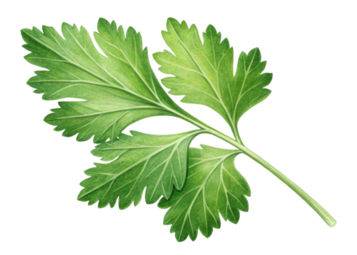 Fresh parsley leaf with vibrant green color and detailed veins showing natural texture and freshness in single isolated leaf