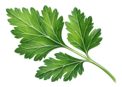Fresh green parsley leaf with detailed veins and texture isolated on transparency background showing natural beauty and freshness