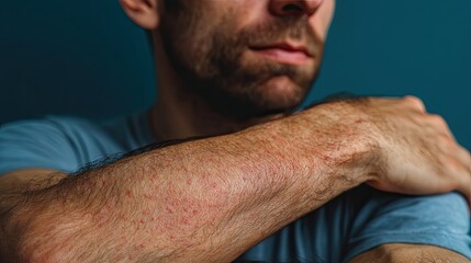 Obraz premium Man showing severe red rash on arm and hand: allergy or skin disease