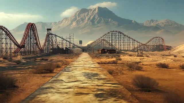 Abandoned amusement park in a desolate desert landscape.