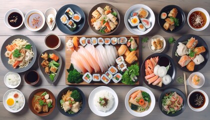 Assorted Asian dishes like sushi, ramen, and dumplings filling the frame, vibrant colors, appetizing overhead shot