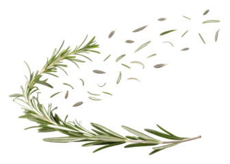 Fresh rosemary leaf with scattered small leaves creating natural and elegant design perfect for culinary and decorative use