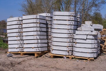 Concrete blocks tiles for sidewalk construction. Sidewalk tiles. City development.