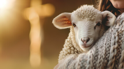 Cuddly lamb in warm embrace, symbolizing love and tenderness