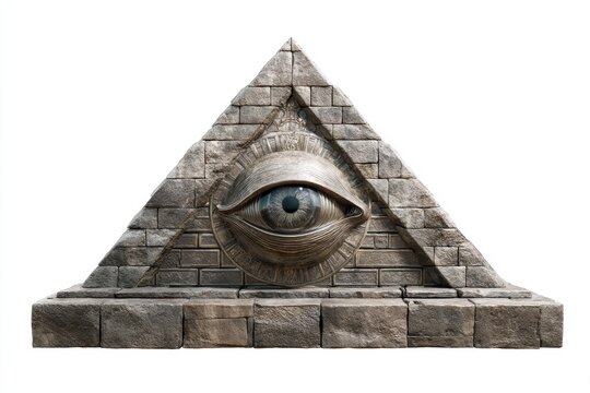 Illuminati triangle symbol with eye design in ancient stone texture on isolated white background