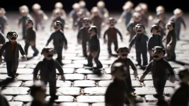 Crowd of clay figures walking on cobblestone pathway at night