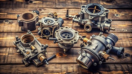 Collection of vintage automotive engine components on rustic wooden surface