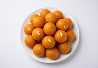 Motichoor laddu, indian sweet on plate isolated on white background