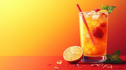 Refreshing Citrus Beverage with Berries and Ice on Vibrant Colorful Background for Summer Enjoyment