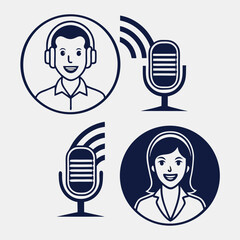 Podcast Icons Man Woman Headphones Microphone Broadcasting