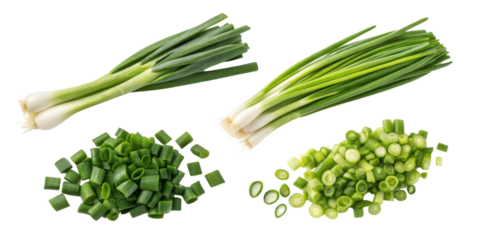 Fresh spring onion whole and chopped with vibrant green leaves and white bulbs ready for cooking or garnish