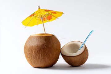Enjoying a tropical drink from a fresh coconut with straw and umbrella on a sunny beach day