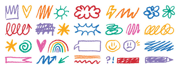 Fototapeta premium Crayon doodle colorful charcoal hand drawn set. Pencil drawings squiggle shapes and forms. Freehand collage elements.
