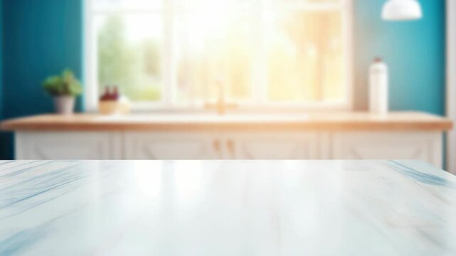 Wooden countertop on blurred background of modern stylish kitchen with window