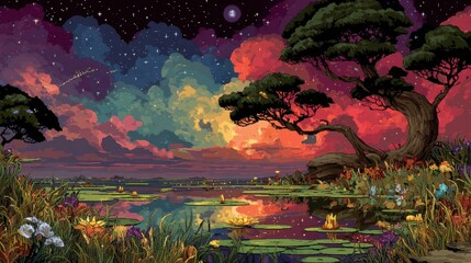 Obraz premium Fantasy pixel lagoon surrounded by glowing plants floating lily pads and magical skies peaceful retro feel