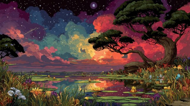 Fantasy pixel lagoon surrounded by glowing plants floating lily pads and magical skies peaceful retro feel