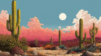 8bit desert dreamscape with tall pixel cacti soft twilight glow and surreal land textures retro style
