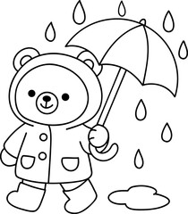 Cute bear character in raincoat holding umbrella, enjoying rainy day