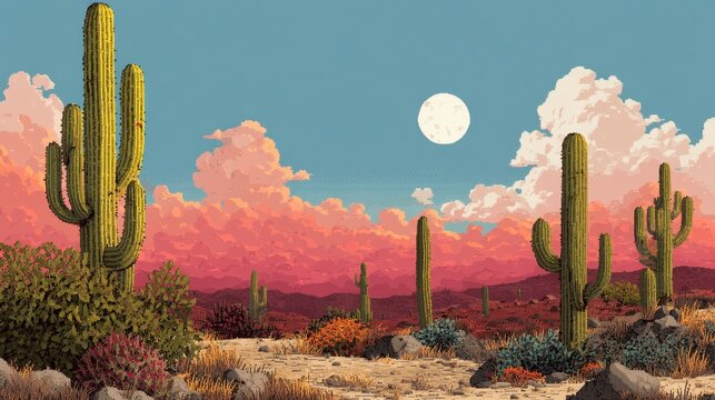 8bit desert dreamscape with tall pixel cacti soft twilight glow and surreal land textures retro style