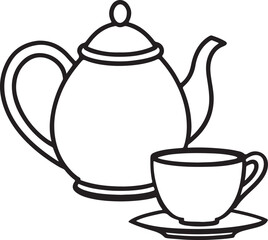 tea set line art, black outline, vector and illustration, coloring book page line art drawing