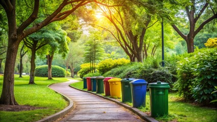 Fototapeta premium Serene Park Path with Colorful Recycling Bins for Waste Disposal and Environmental Responsibility