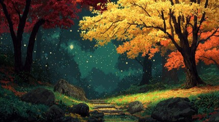 Colorful autumn pixel forest dreamlike setting with falling leaves soft shadows and nostalgic mood