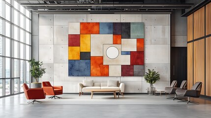Modern waiting area with large artwork, concrete walls, and stylish furniture
