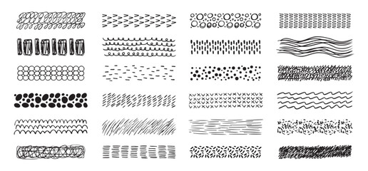 Hand drawn textures collection. abstract brushes, drawing textures from thin lines of different shapes. Set of doodle swirling and straight shapes