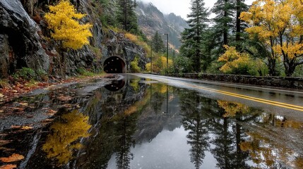 Fototapeta premium Rainy day on remote mountain road with tunnel carved into steep cliff moody weather wet road reflections