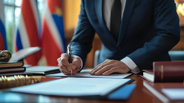 Man in suit signs a document at desk with flags in background, formal setting