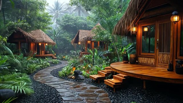 Tropical getaway with wooden huts nestled in a lush rainforest.