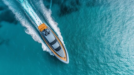 Aerial view of a speeding luxury yacht on turquoise ocean, creating frothy wake