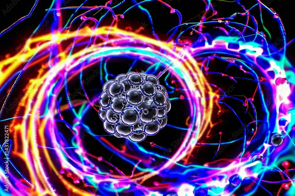 Poster a detailed view of the complex interaction of subatomic particles during an alpha decay emission, hi