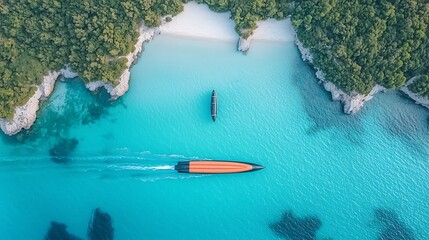 Aerial view of tranquil turquoise bay, boats, lush cliffs, and sandy beach